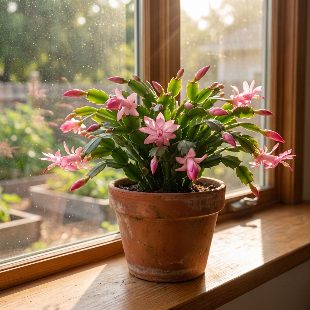 A Christmas cactus in a terracotta pot sitting near a bright window with sunlight hitting the plant
