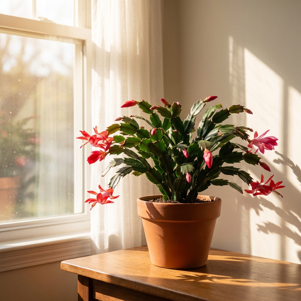 A Christmas cactus placed a few feet back from a sunny south-facing window with a sheer curtain