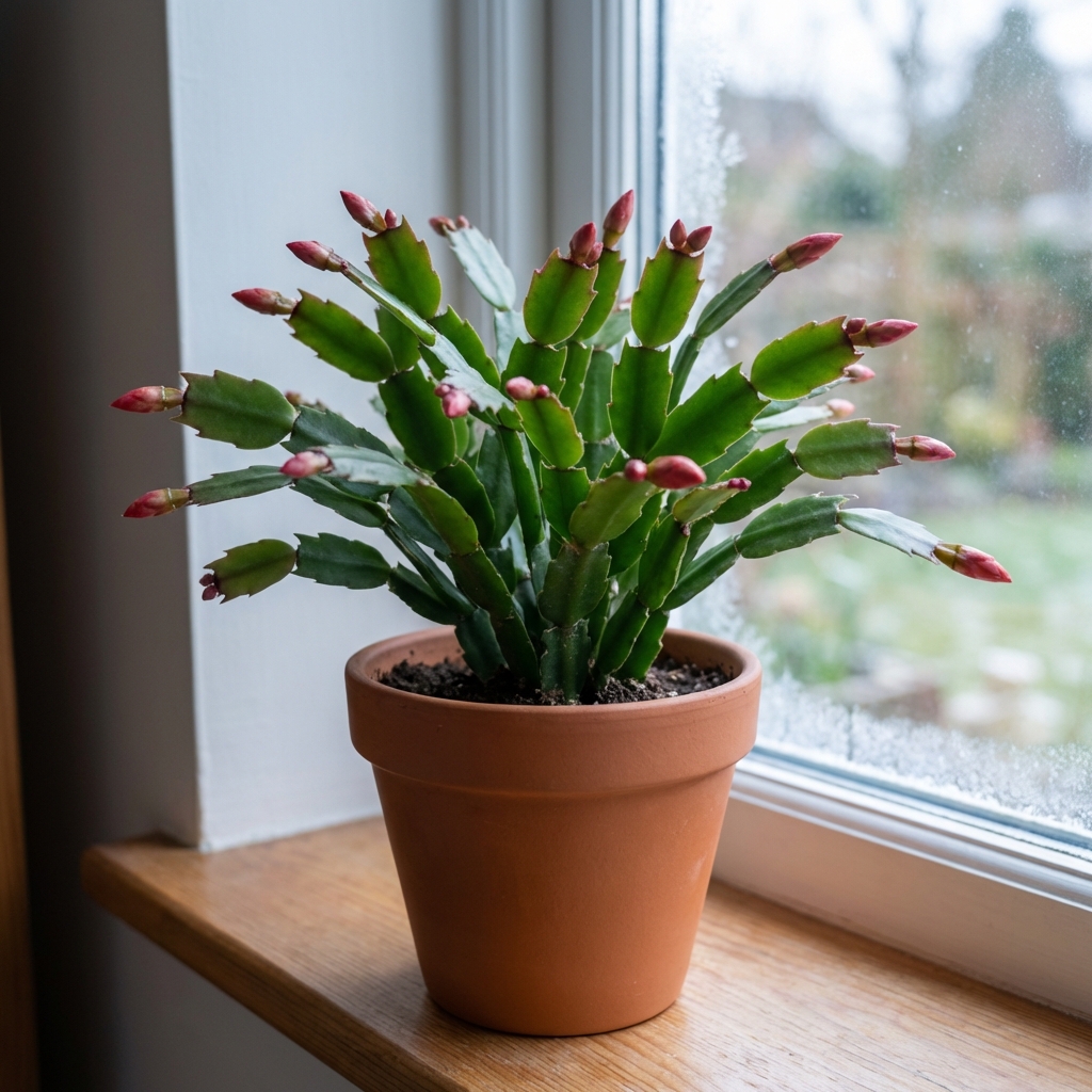 A Christmas cactus with visible flower buds on the tips of its segments sitting in a cool indoor room near a window