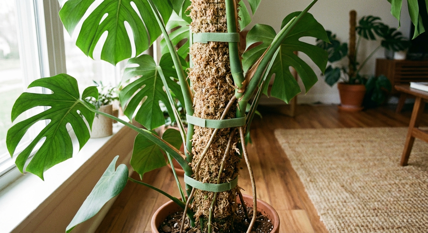 A Monstera deliciosa secured to a moss pole with soft plant ties, showing aerial roots near the pole, indoor houseplant photo with natural light