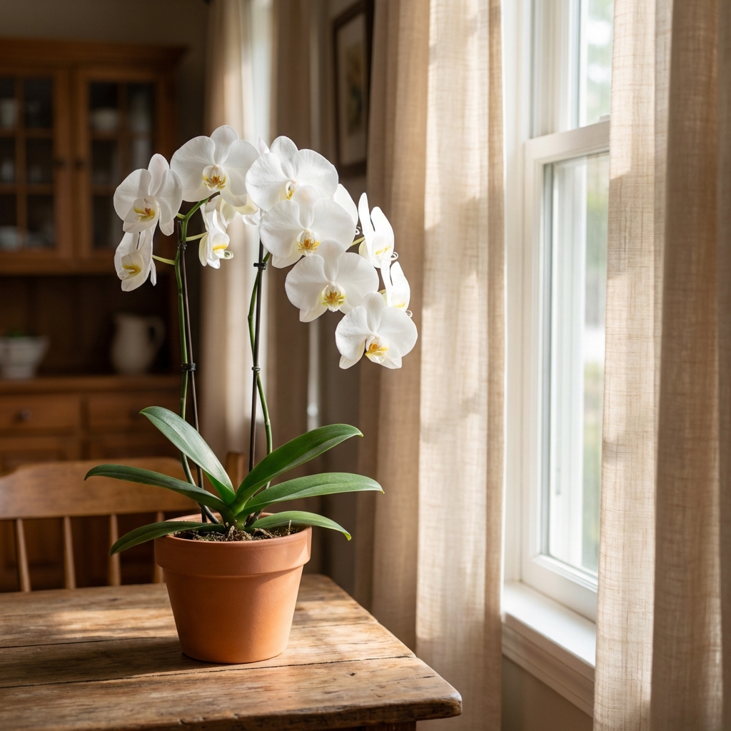 A Phalaenopsis orchid on a table near an east-facing window with a sheer curtain filtering sunlight