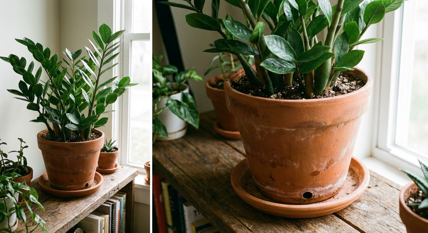 A ZZ plant potted in a medium terracotta pot with visible drainage hole and a saucer underneath, sitting on a wooden shelf indoors, photorealistic