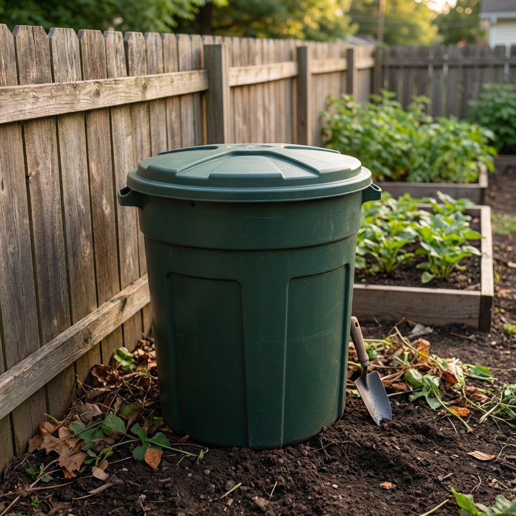 A backyard compost bin with a tight-fitting lid sitting on a level patch of ground near a garden fence