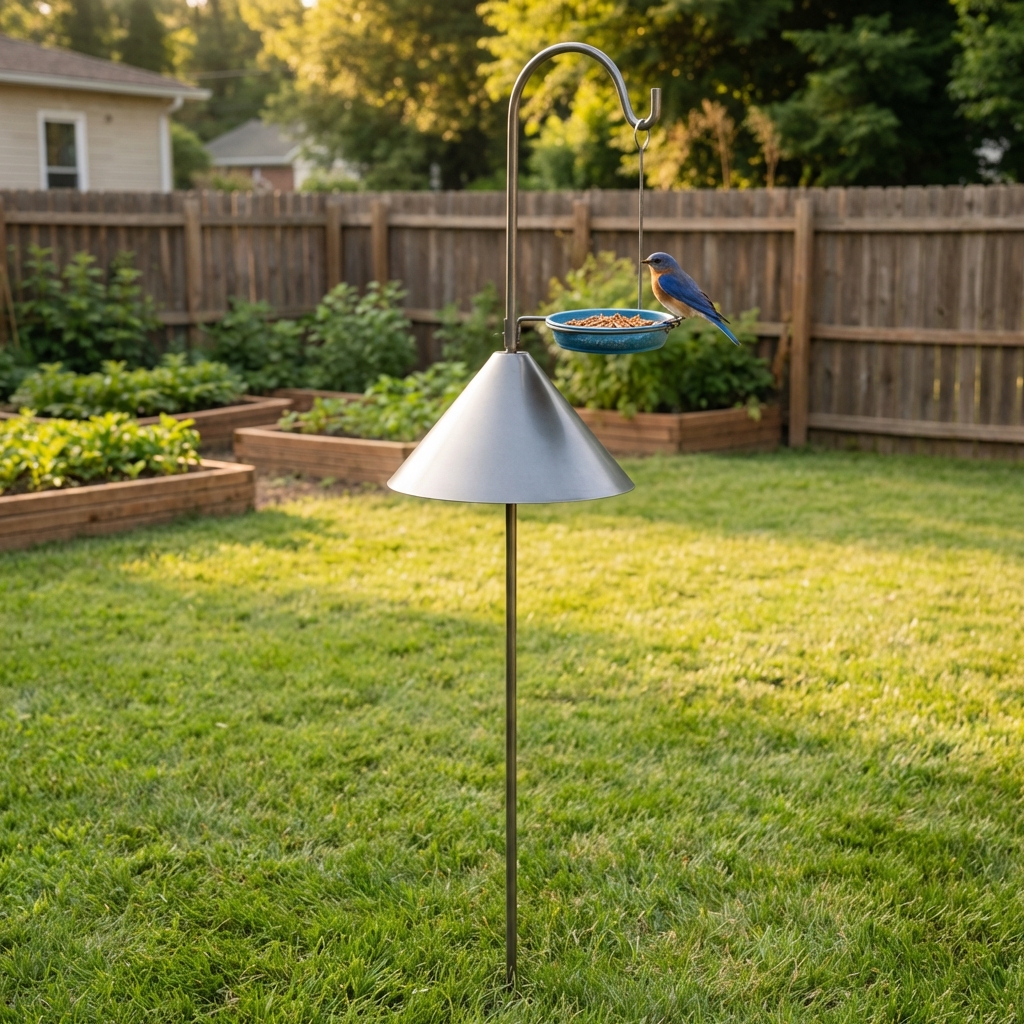 A backyard feeder pole with a metal baffle installed below a small mealworm feeder in an open lawn