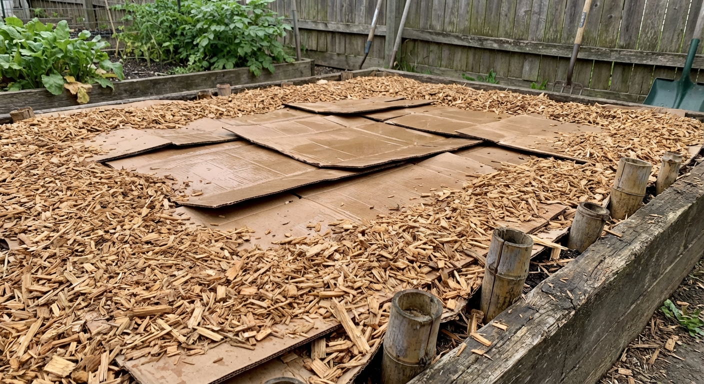 A backyard garden bed covered with overlapping cardboard sheets and a thick layer of wood chip mulch, with a few bamboo stumps visible beneath the edge, photorealistic scene