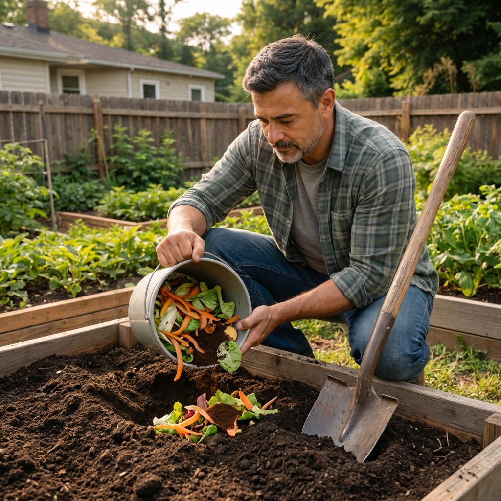 A backyard garden bed with a small trench being filled with vegetable scraps, with a shovel resting nearby