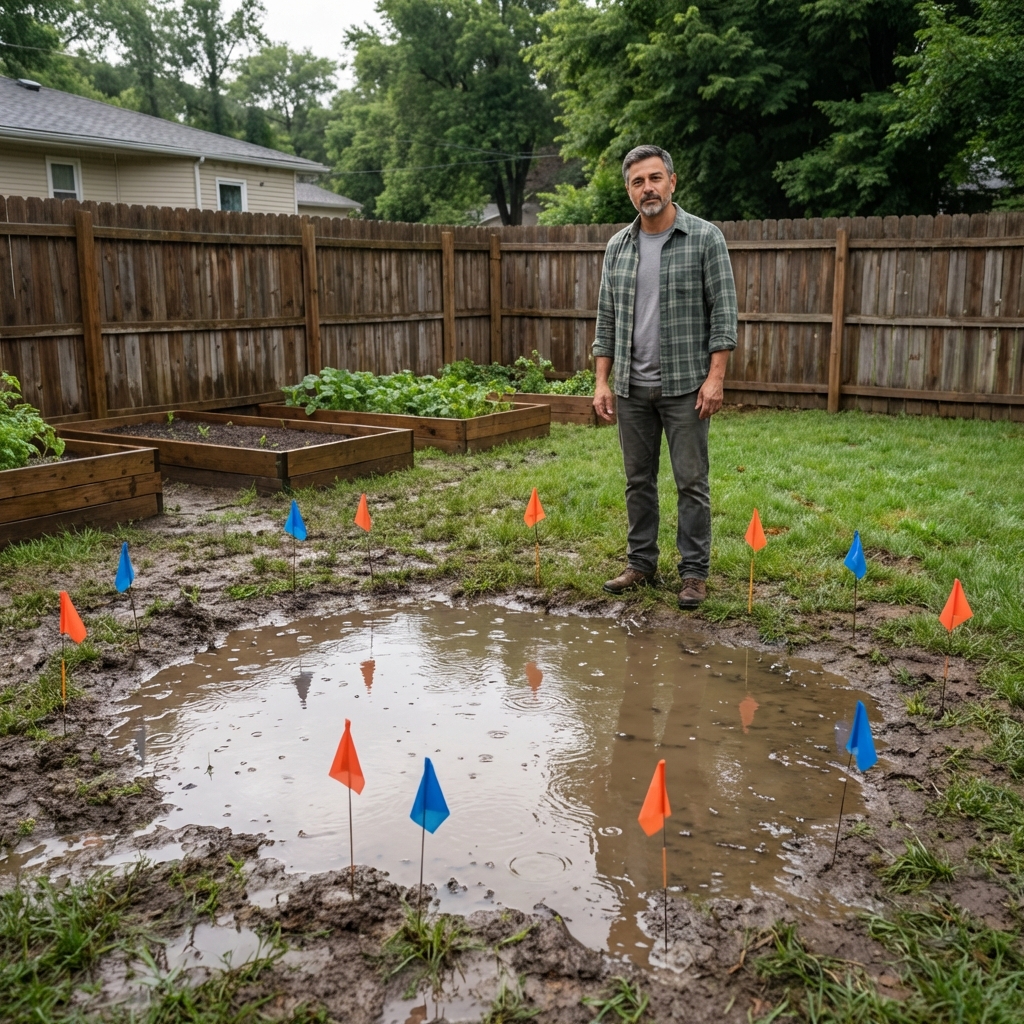 A backyard low spot with standing water after rain and small flags marking puddle areas