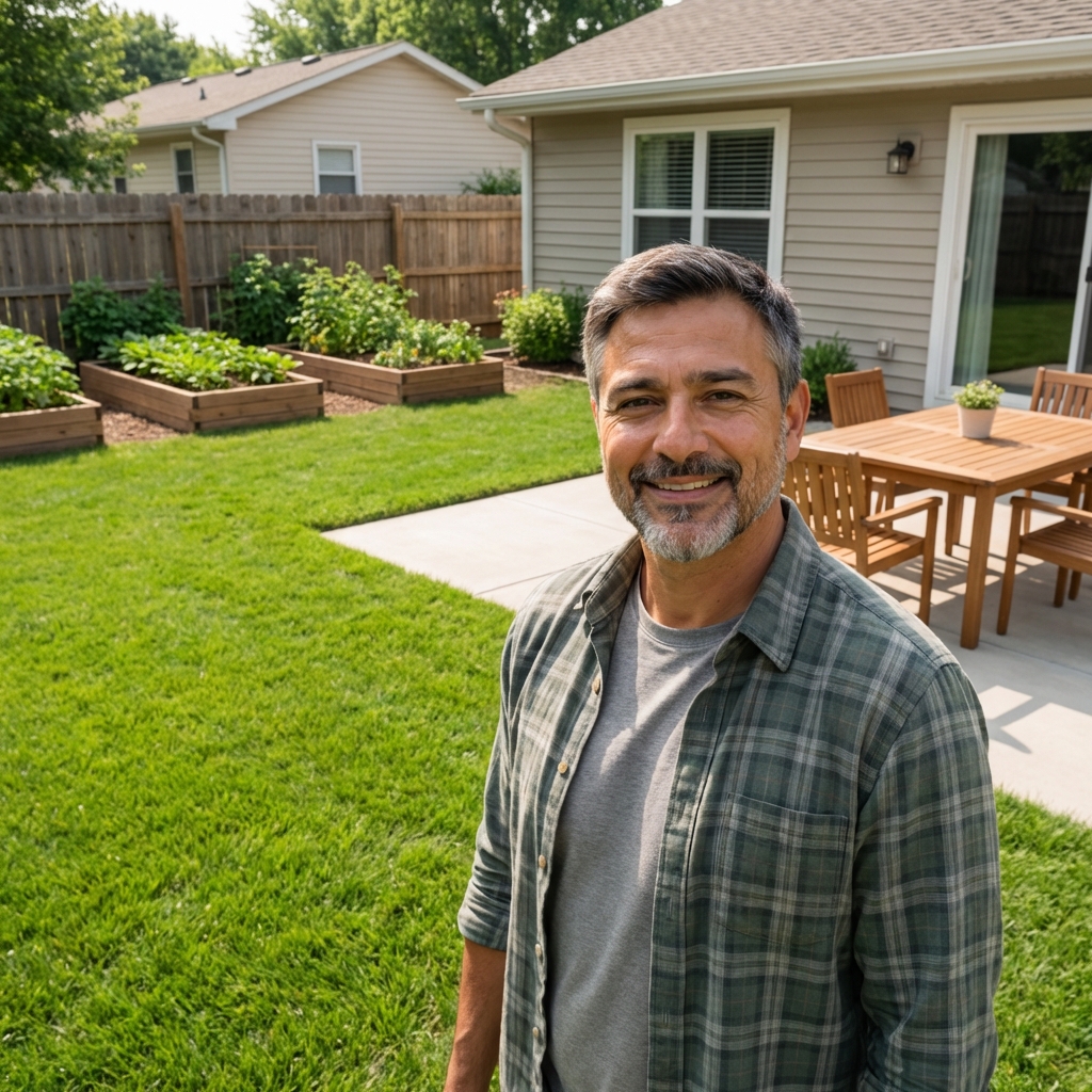 A backyard with trimmed grass and a clean patio area near the house in bright daylight