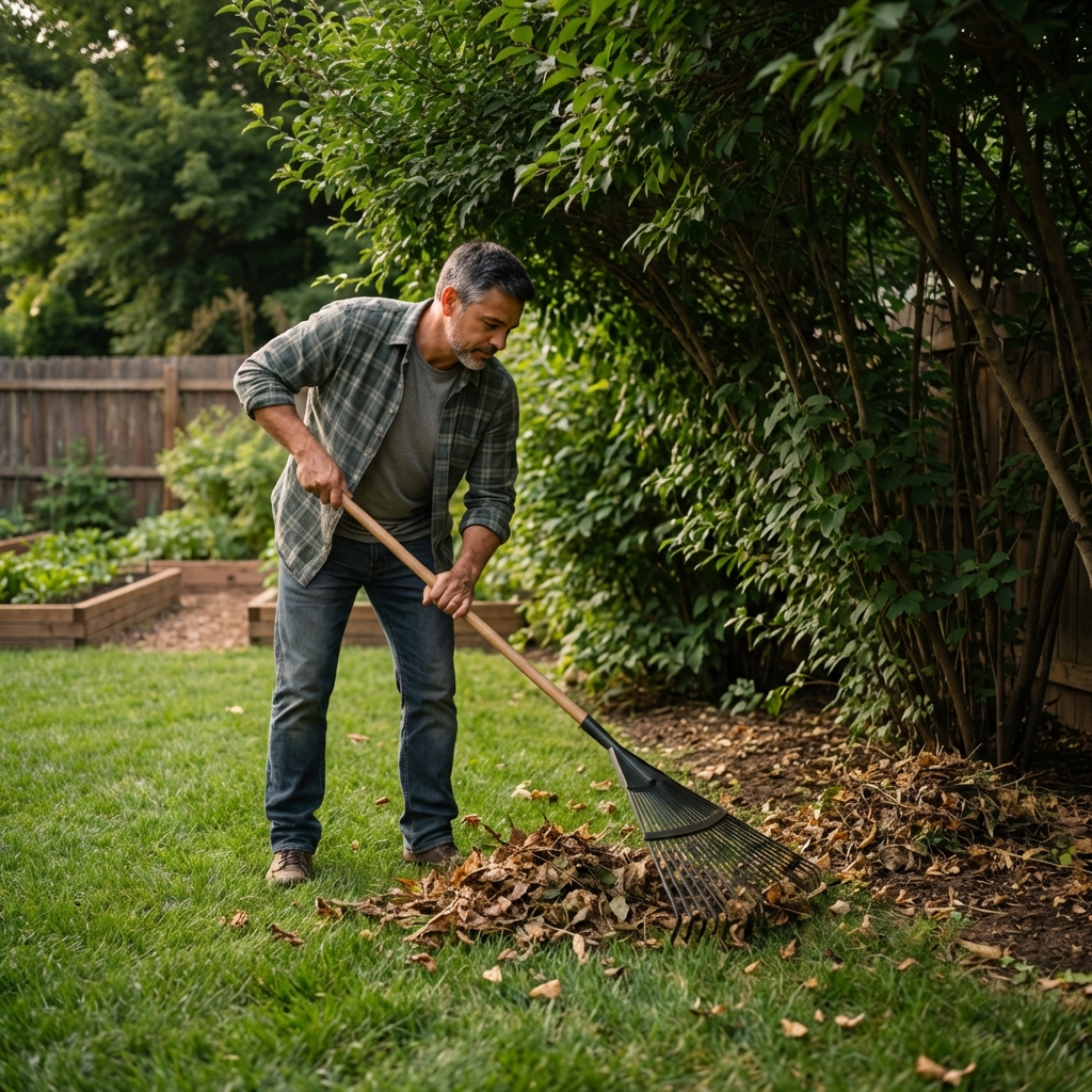 A backyard with trimmed grass and a shaded area under shrubs being raked clean