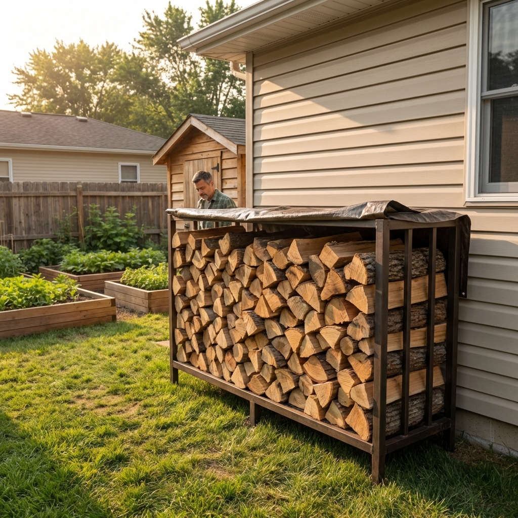 A backyard woodpile stacked neatly on a raised rack several feet away from a house wall