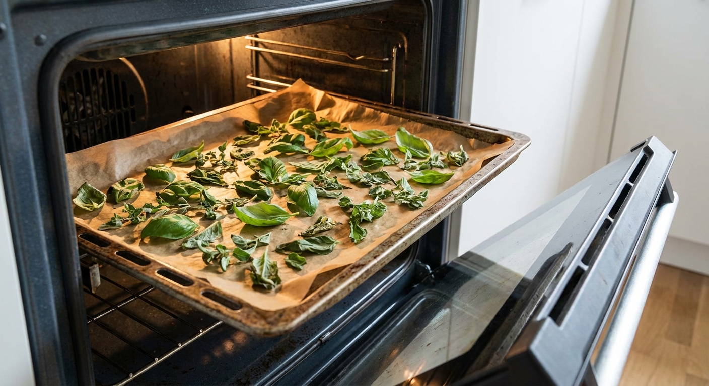 A baking sheet lined with parchment paper holding basil and oregano leaves in a single layer inside an oven with the door slightly open, photorealistic