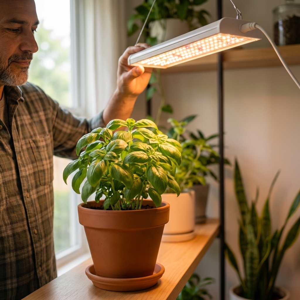 A basil plant under a simple LED grow light on a shelf in a home