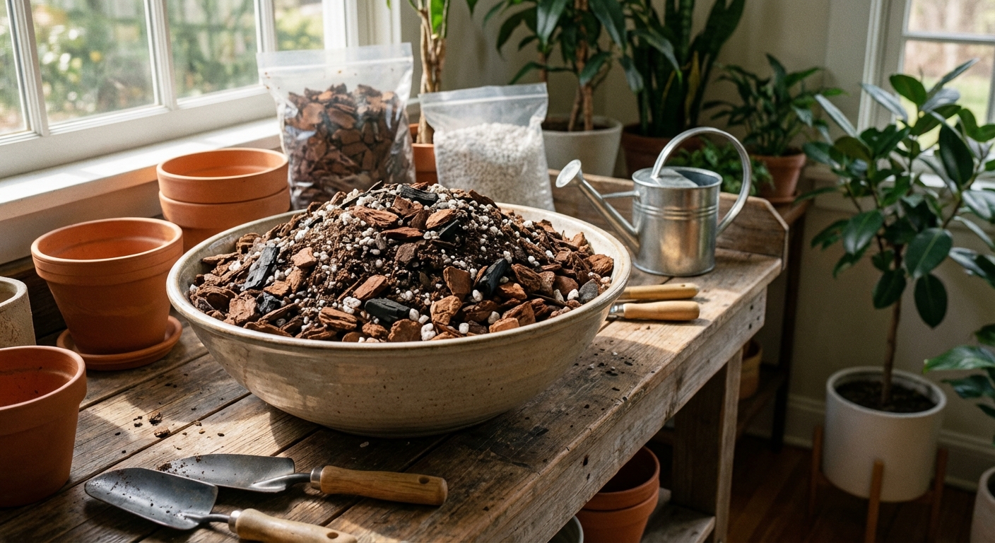 A bowl of chunky houseplant soil mix with visible orchid bark and perlite next to a potting area, natural indoor lighting, photorealistic