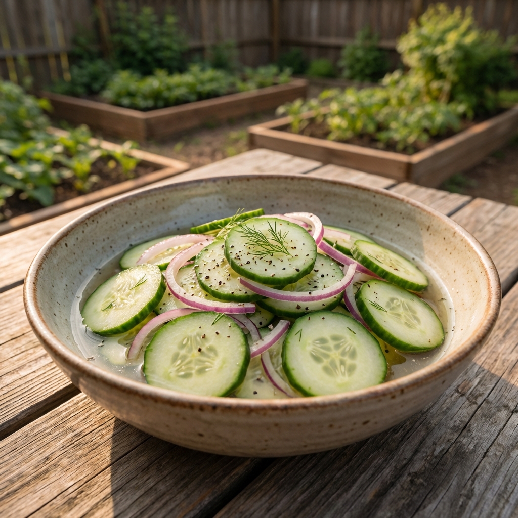 A bowl of sliced cucumbers and red onions in a light vinegar dressing on a wooden table