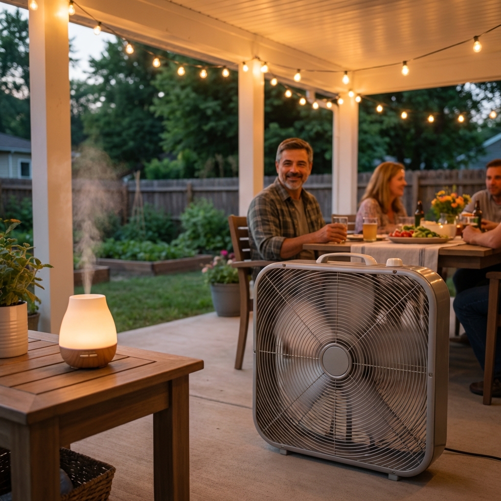 A box fan running on a covered patio next to a small essential oil diffuser on a side table during an evening outdoor gathering