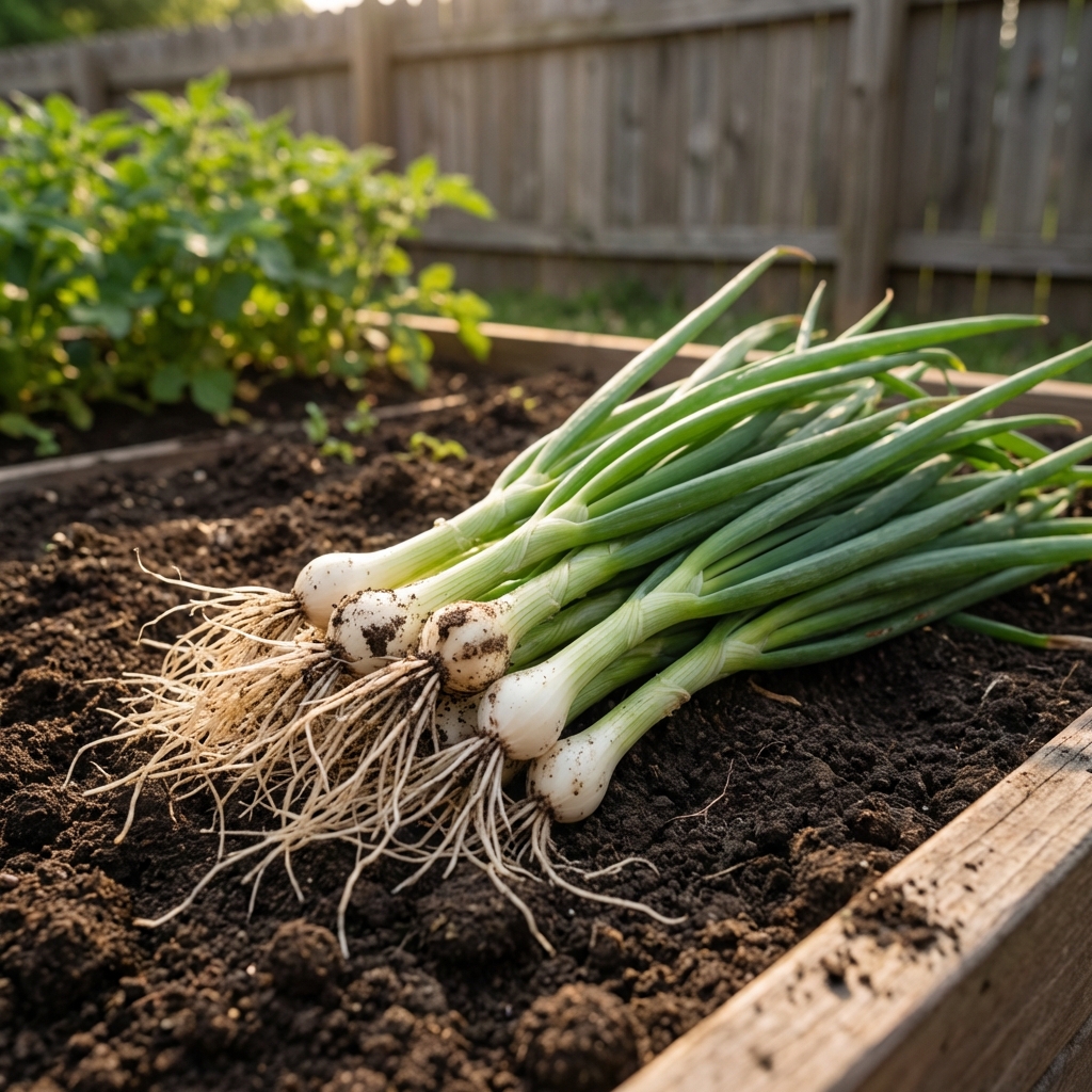 A bunch of freshly harvested green onions with roots still attached resting on garden soil
