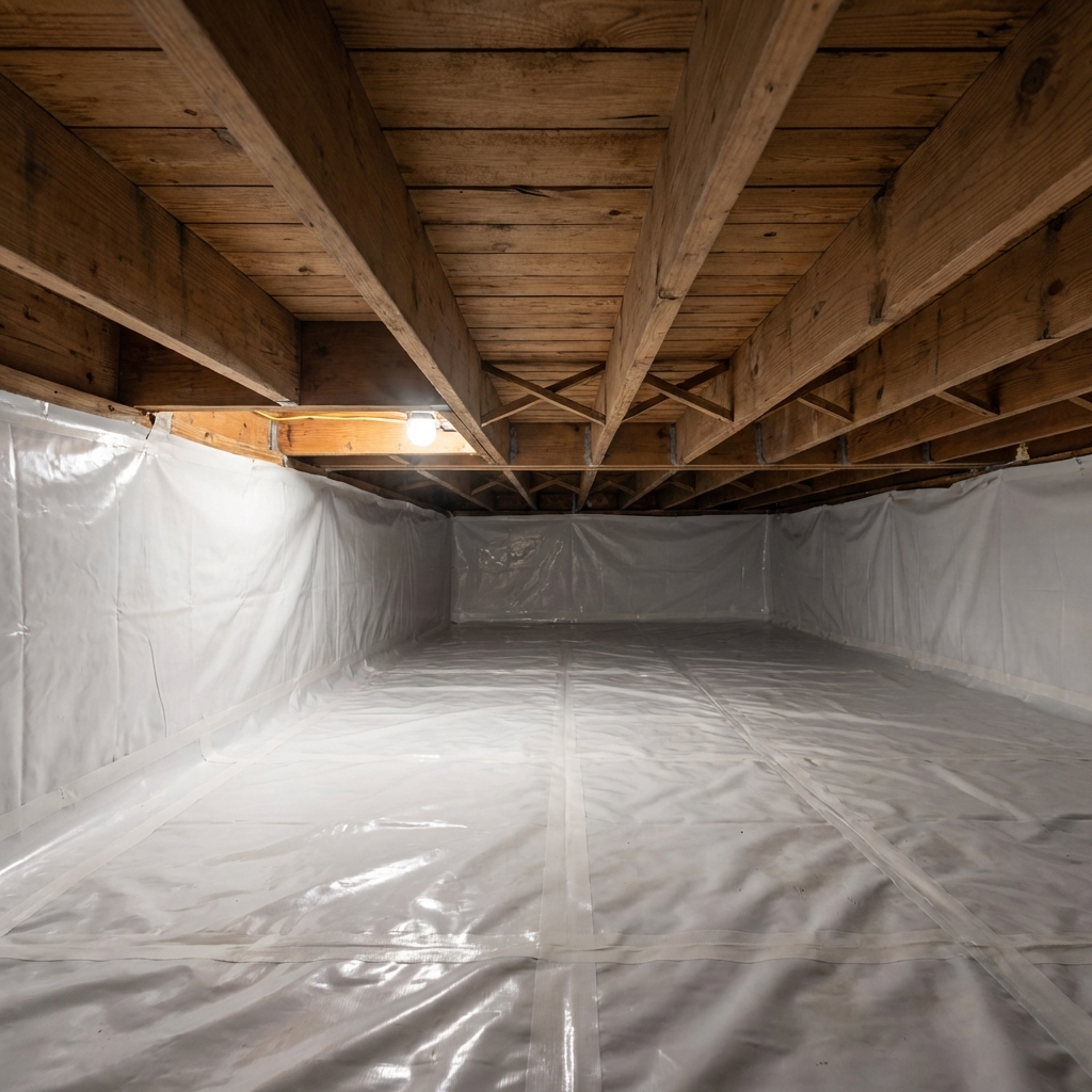 A clean crawlspace view showing plastic vapor barrier on the ground and dry wooden floor joists