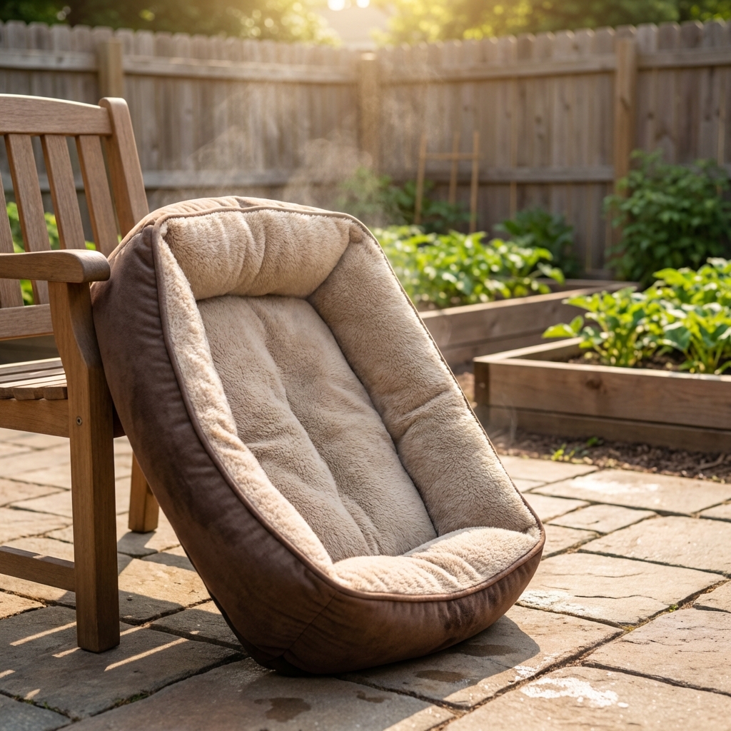 A clean dog bed drying in the sun on a backyard patio
