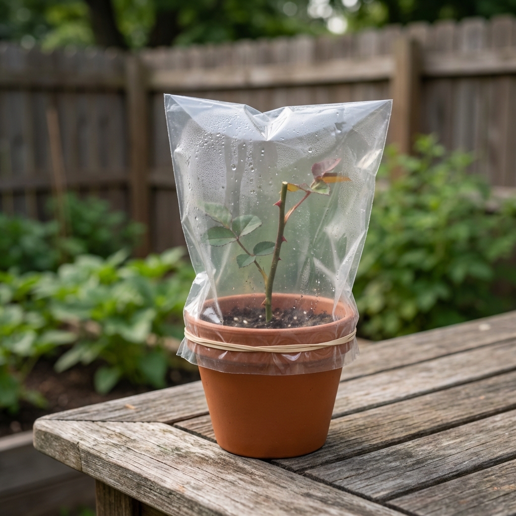 A clear plastic bag covering a small pot with a rose cutting on a shaded outdoor table