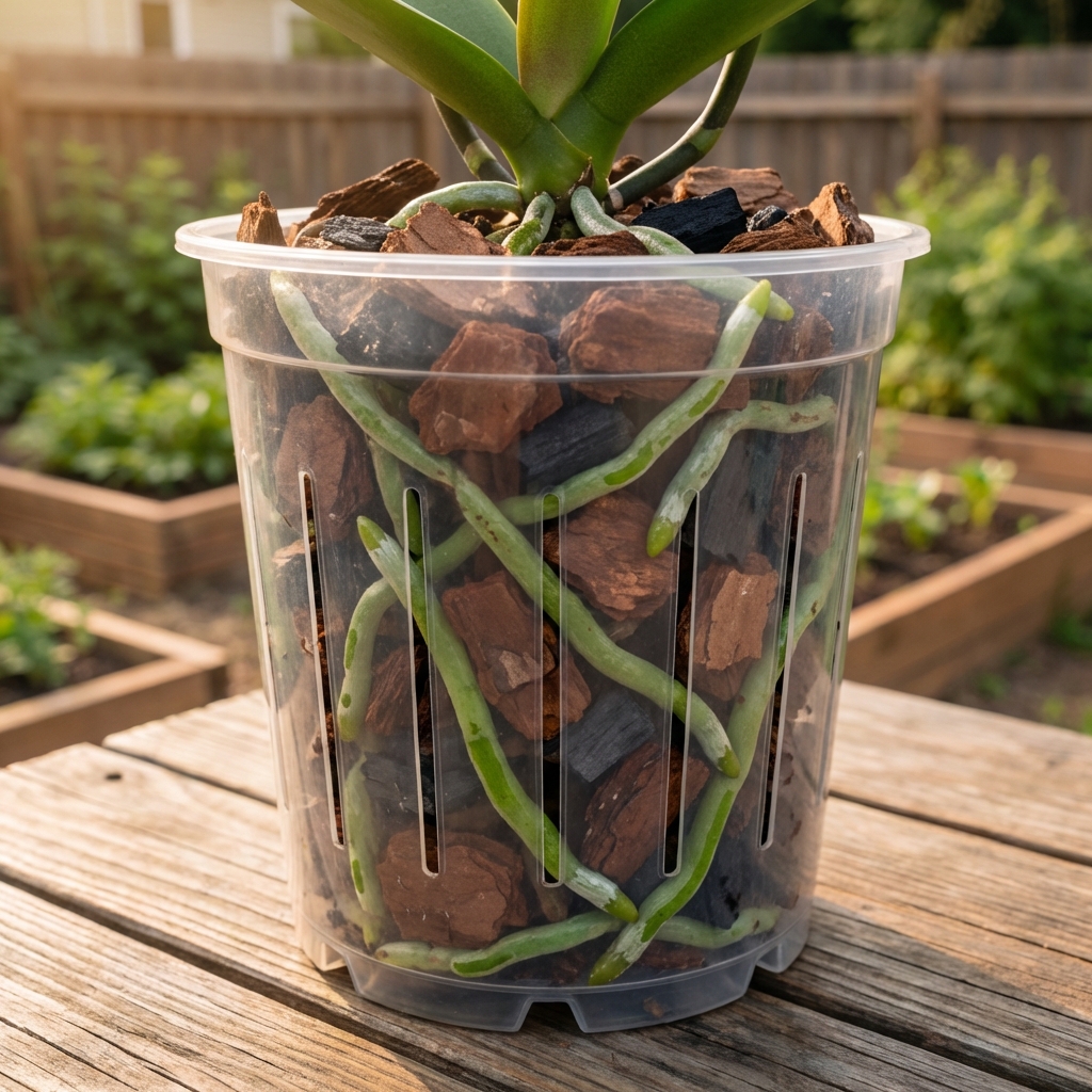 A clear slotted orchid pot filled with chunky bark showing healthy green roots inside