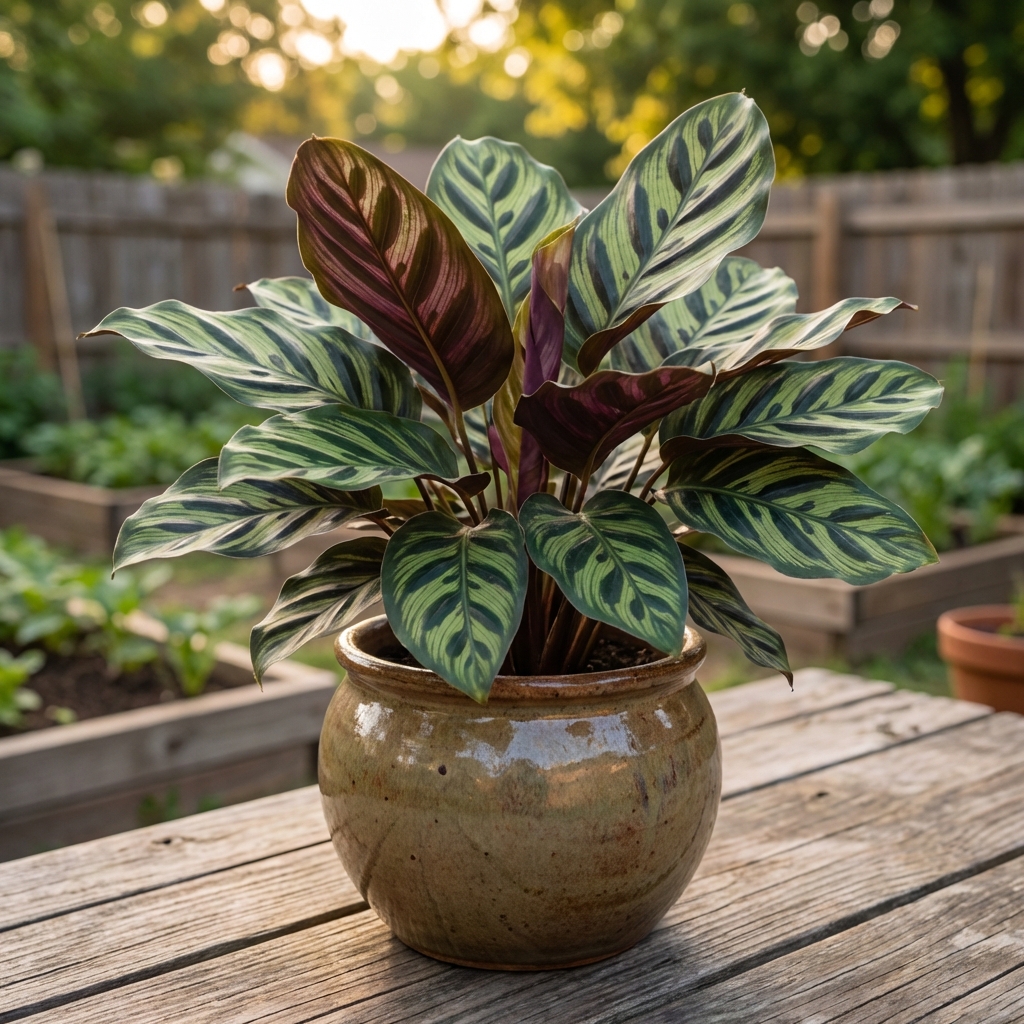 A close photo of a calathea plant with patterned leaves in a ceramic pot on a table