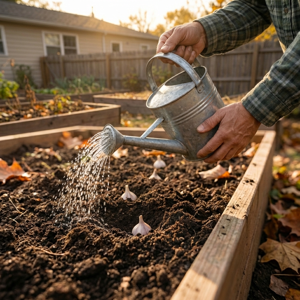 A close-up of a gardener watering a freshly planted garlic bed with a watering can in soft evening light