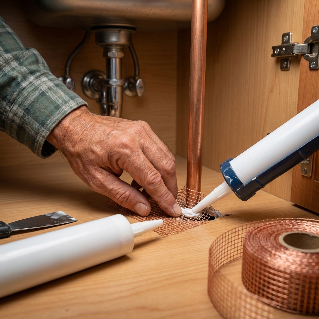 A close-up of a hand sealing a small gap around a pipe under a sink using copper mesh and caulk