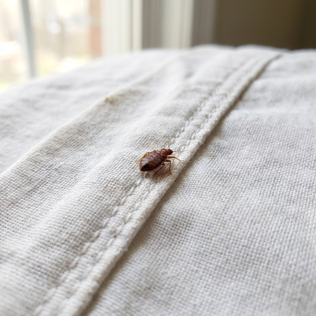A close-up photo of a bed bug on a piece of white fabric near a seam