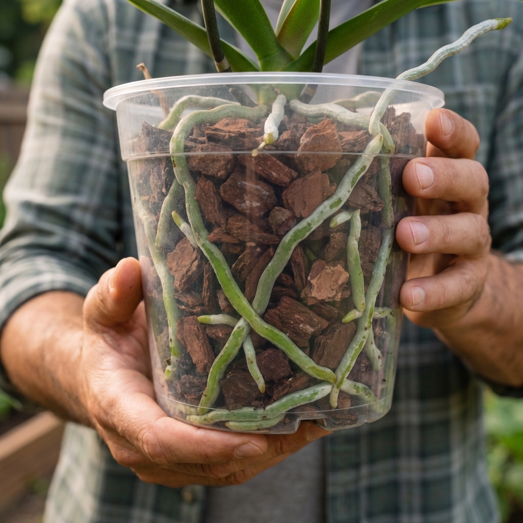A close-up photo of a clear orchid pot showing healthy green and silvery Phalaenopsis roots in chunky bark