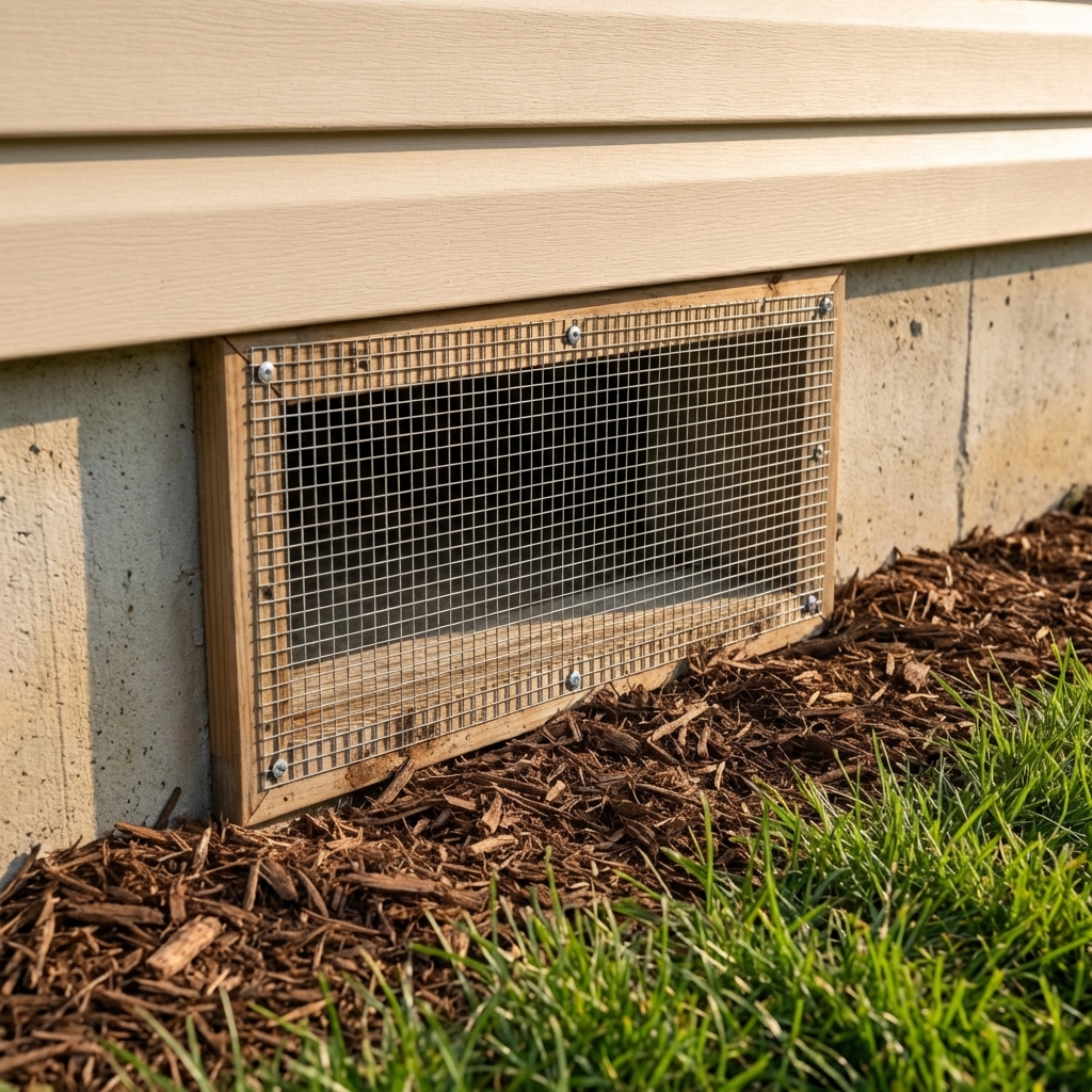 A close-up photo of a crawlspace vent covered with metal hardware cloth