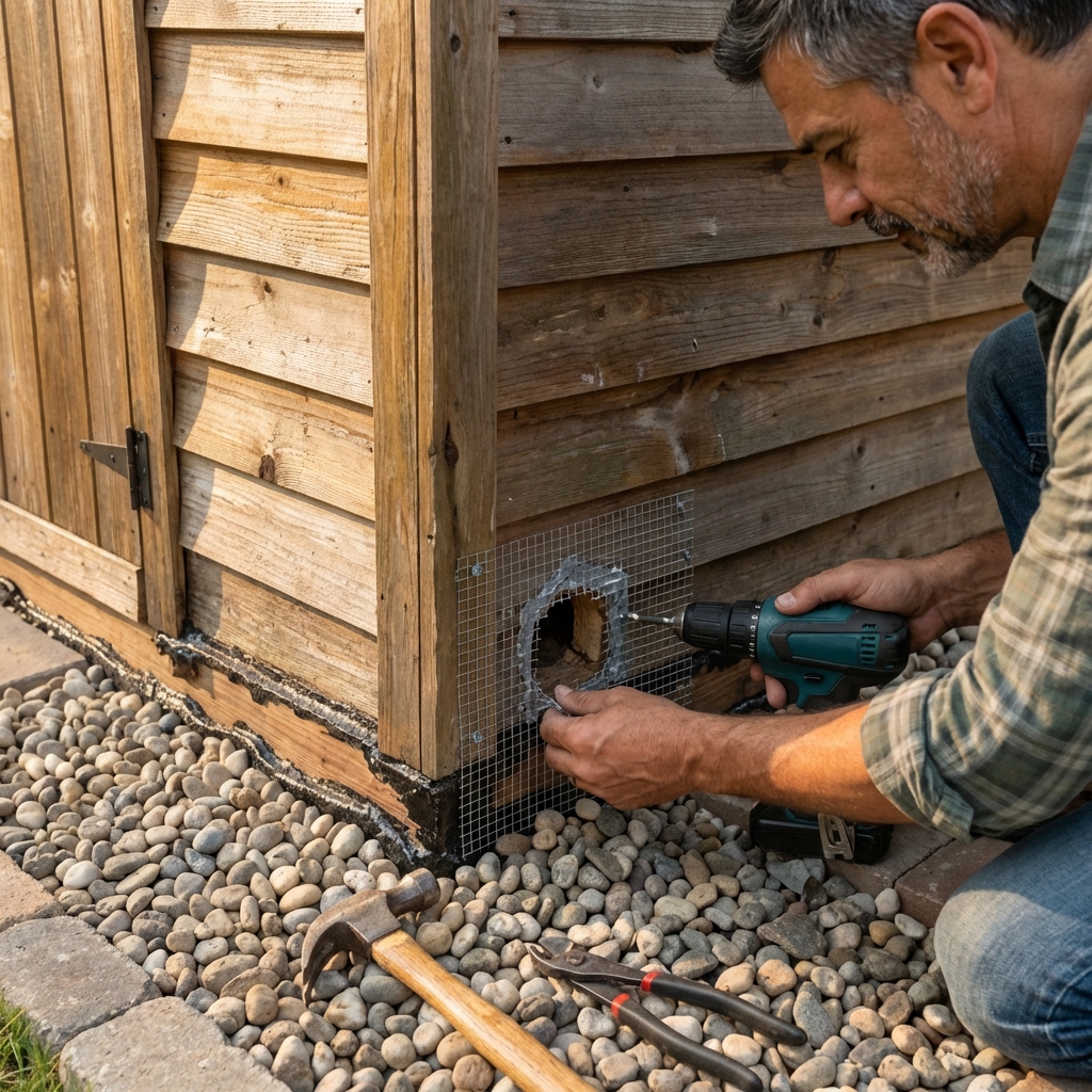 A close-up photo of a foundation corner where a small hole is being covered with metal mesh and secured