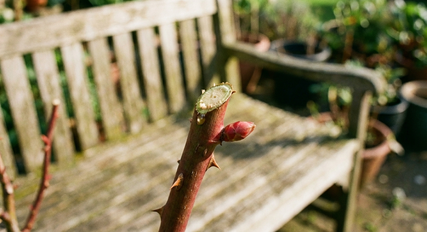 A close-up photo of a fresh pruning cut on a rose cane made just above an outward-facing bud