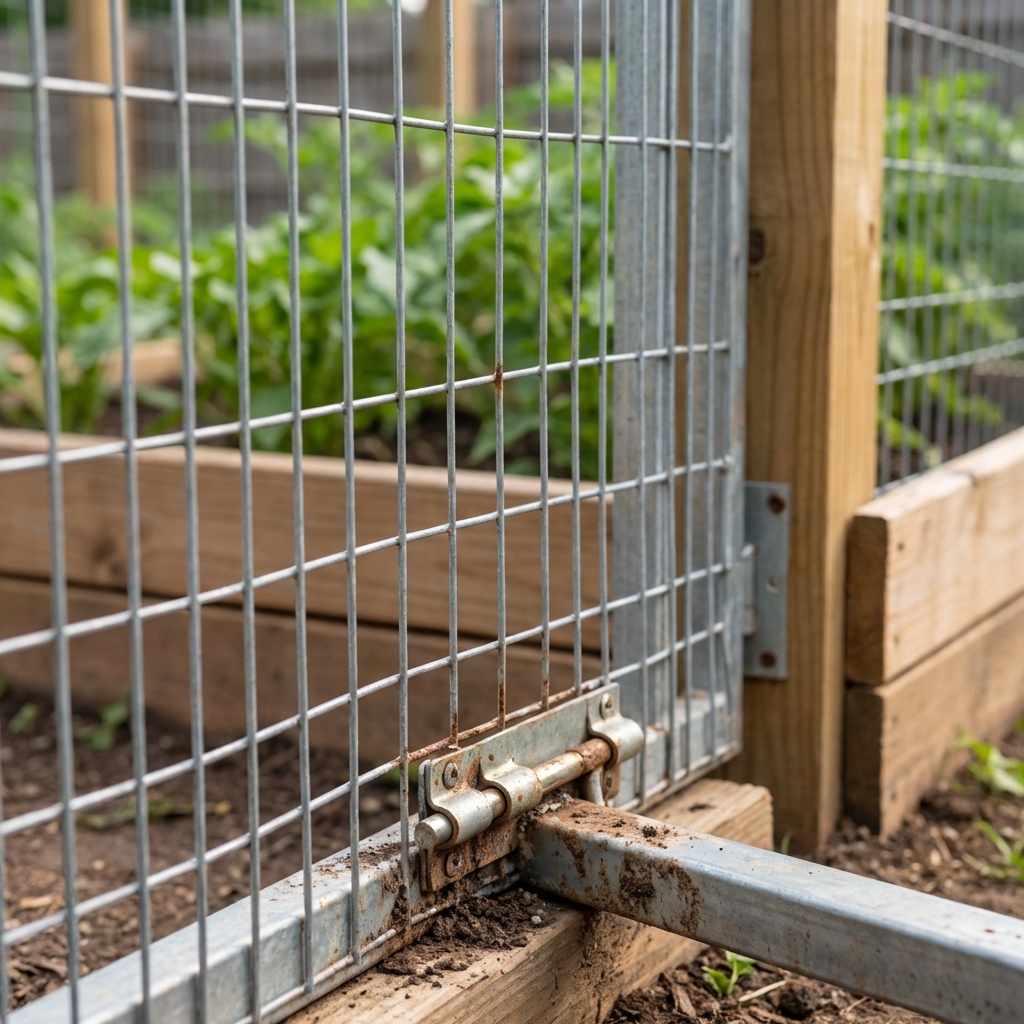 A close-up photo of a garden gate made from wire mesh with a tight latch near the ground
