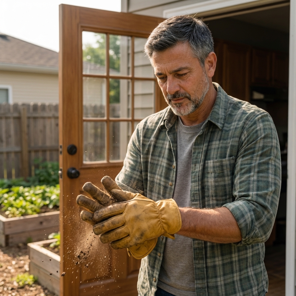 A close-up photo of a gardener shaking out gloves outdoors near a back door