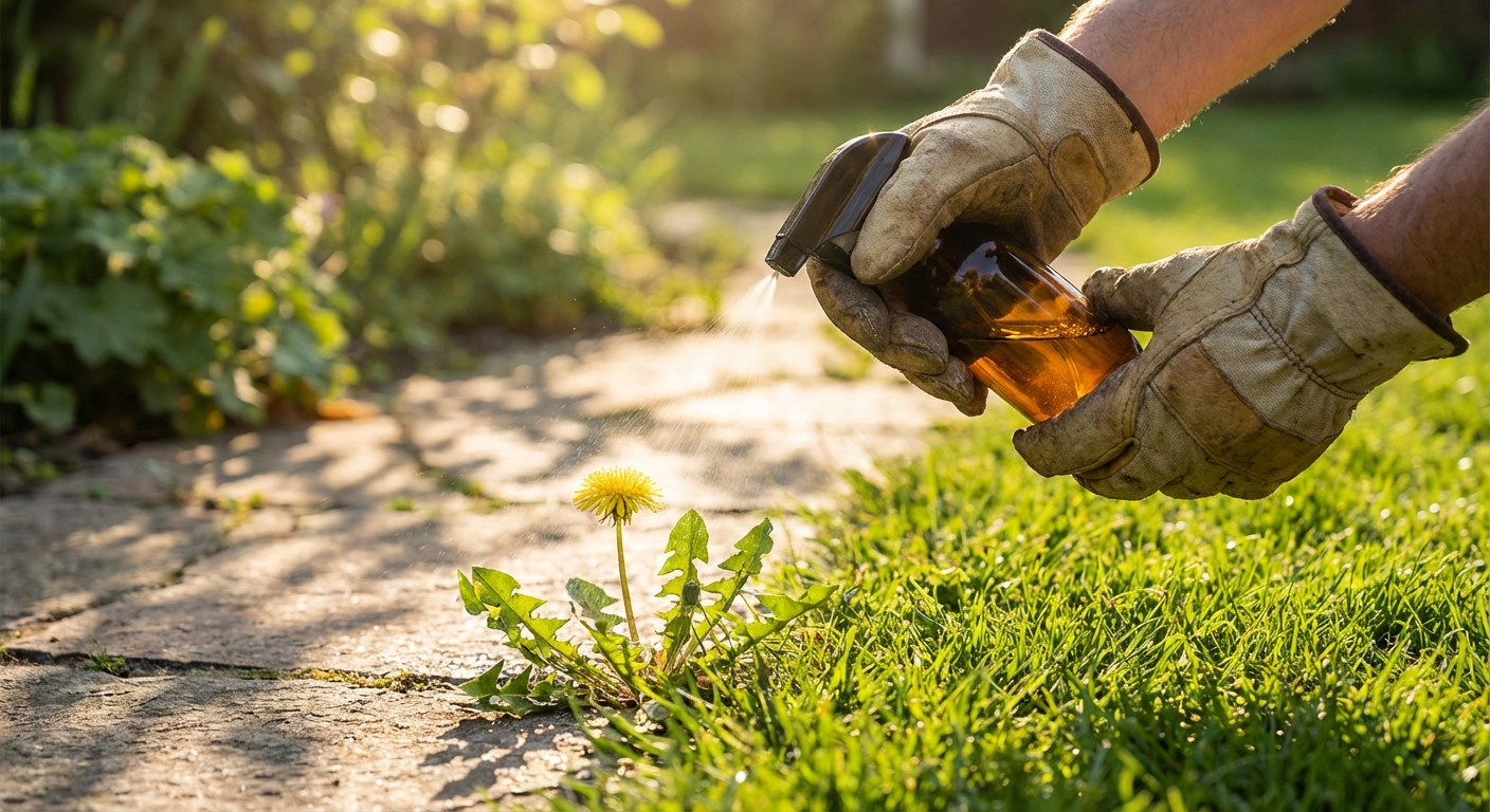 A close-up photo of a gardener wearing gloves using a small hand spray bottle to apply a liquid spot treatment onto a dandelion growing near the edge of a lawn, with sunlight casting soft shadows