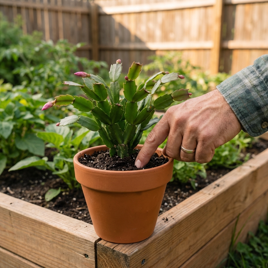 A close-up photo of a hand checking the soil moisture of a Christmas cactus in a small pot