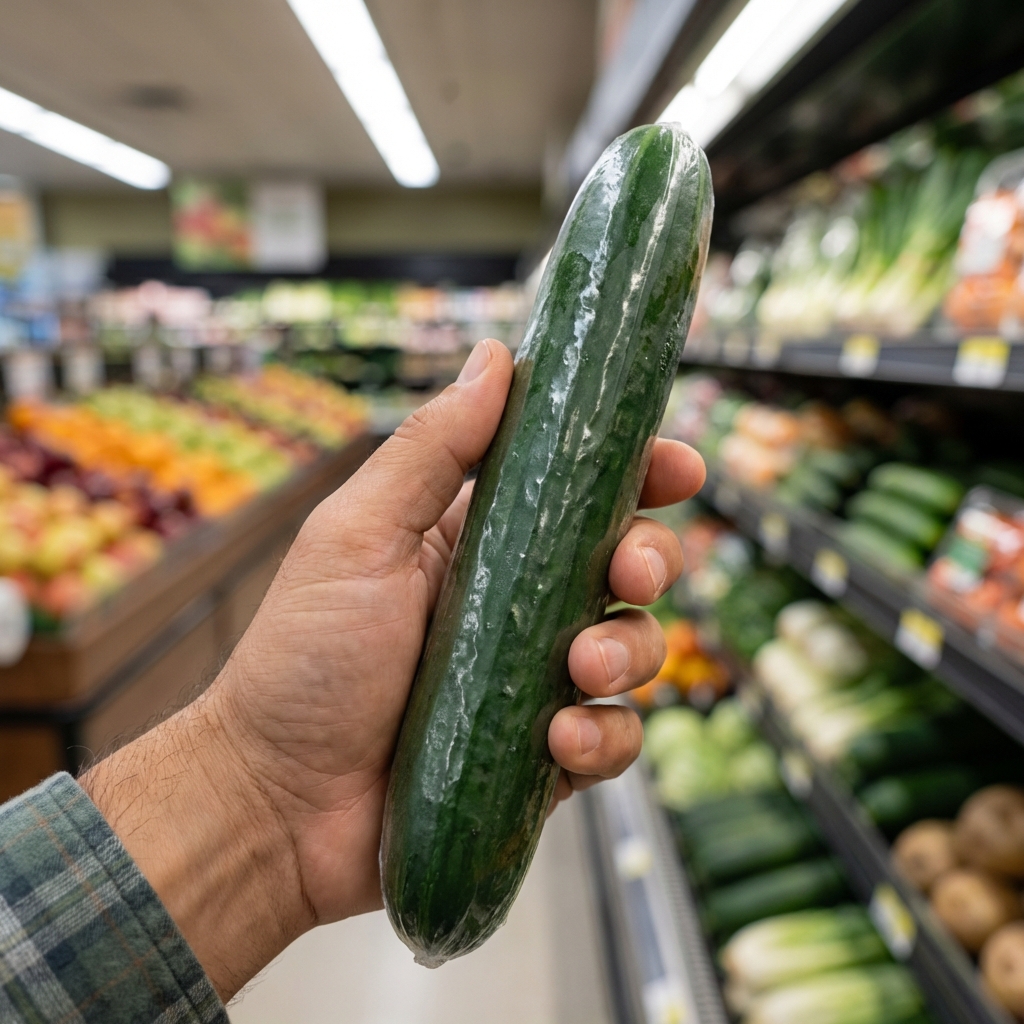 A close-up photo of a hand holding a firm dark green wrapped English cucumber in a grocery produce aisle