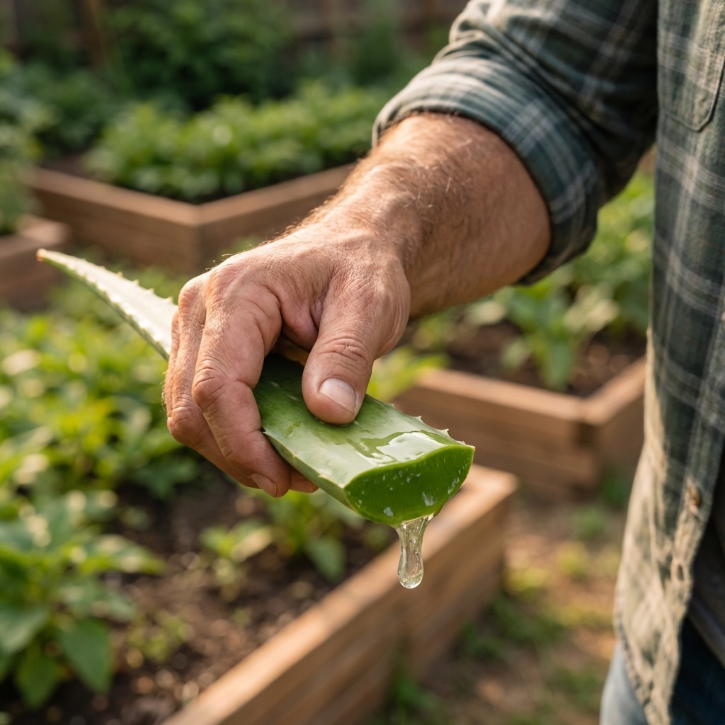 A close-up photo of a hand holding a freshly cut aloe vera leaf with clear gel visible