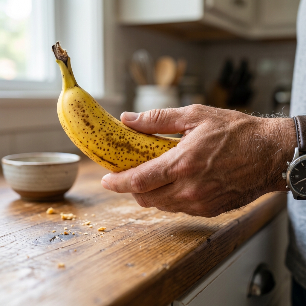 A close-up photo of a hand holding a ripe banana with brown speckles over a kitchen counter