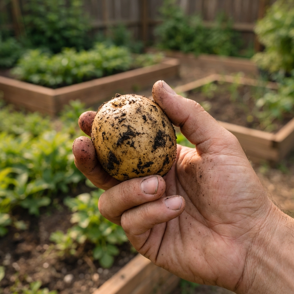 A close-up photo of a hand holding a small freshly dug new potato with soil still clinging to the thin skin