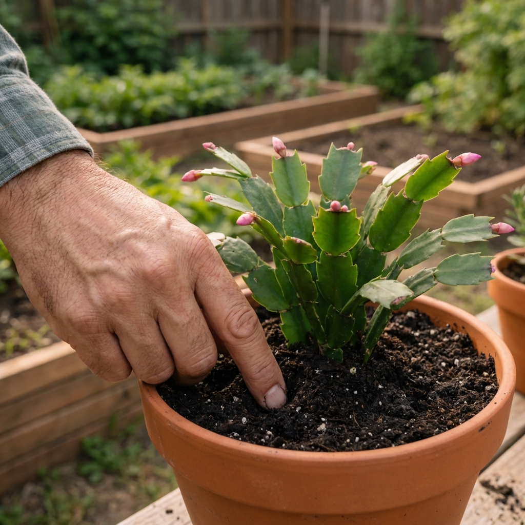 A close-up photo of a hand testing the soil moisture of a Christmas cactus pot with a finger
