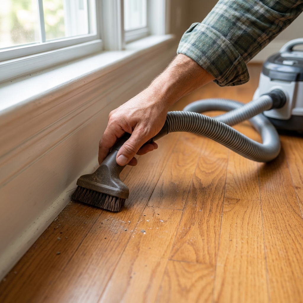 A close-up photo of a hand using a vacuum attachment along a baseboard edge on hardwood flooring