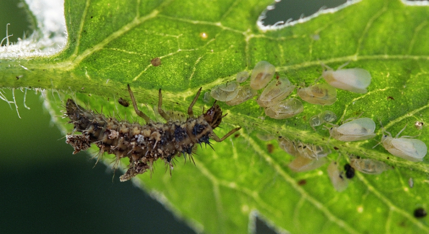 A close up photo of a lacewing larva crawling on a plant leaf near clusters of whitefly nymphs on the underside, natural outdoor lighting