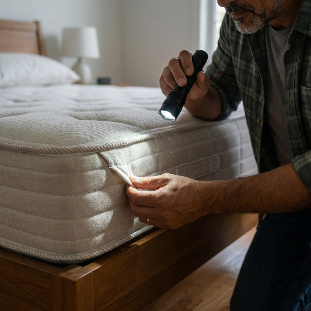 A close-up photo of a mattress seam being examined with a flashlight