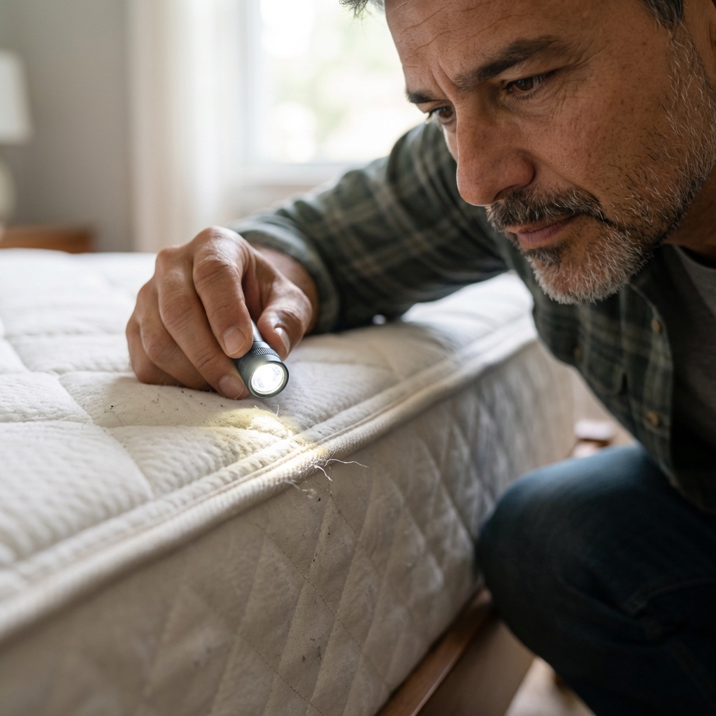 A close-up photo of a mattress seam being inspected with a flashlight