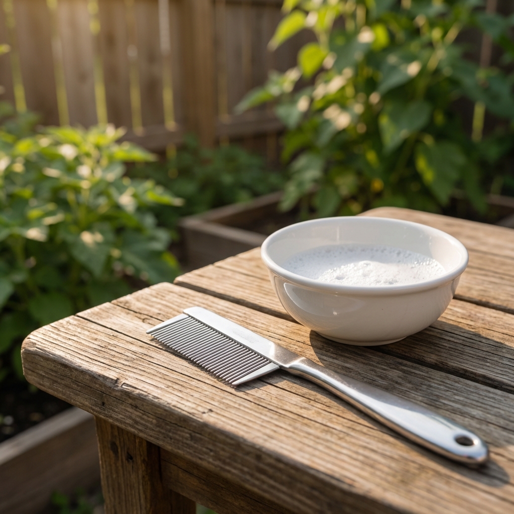 A close-up photo of a metal flea comb next to a small bowl of soapy water