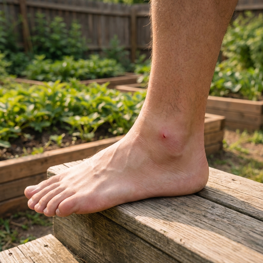 A close-up photo of a mildly swollen ankle with a small red sting mark, resting on a garden step