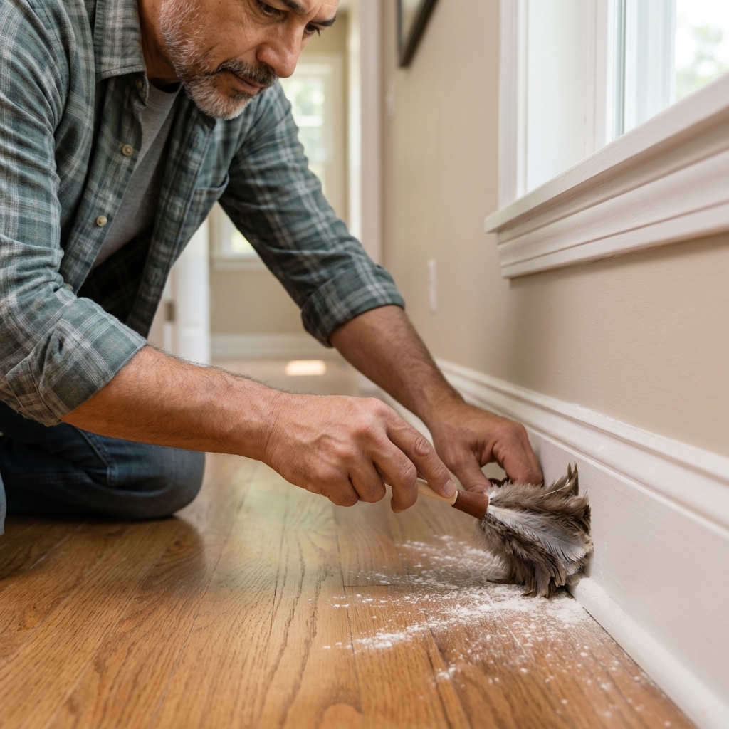 A close-up photo of a person applying a fine dust along a baseboard in a hallway