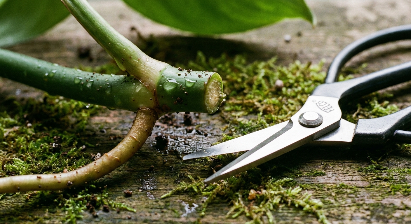 A close-up photo of a philodendron vine cutting showing a visible node and aerial root next to a pair of clean pruning scissors, realistic macro photography