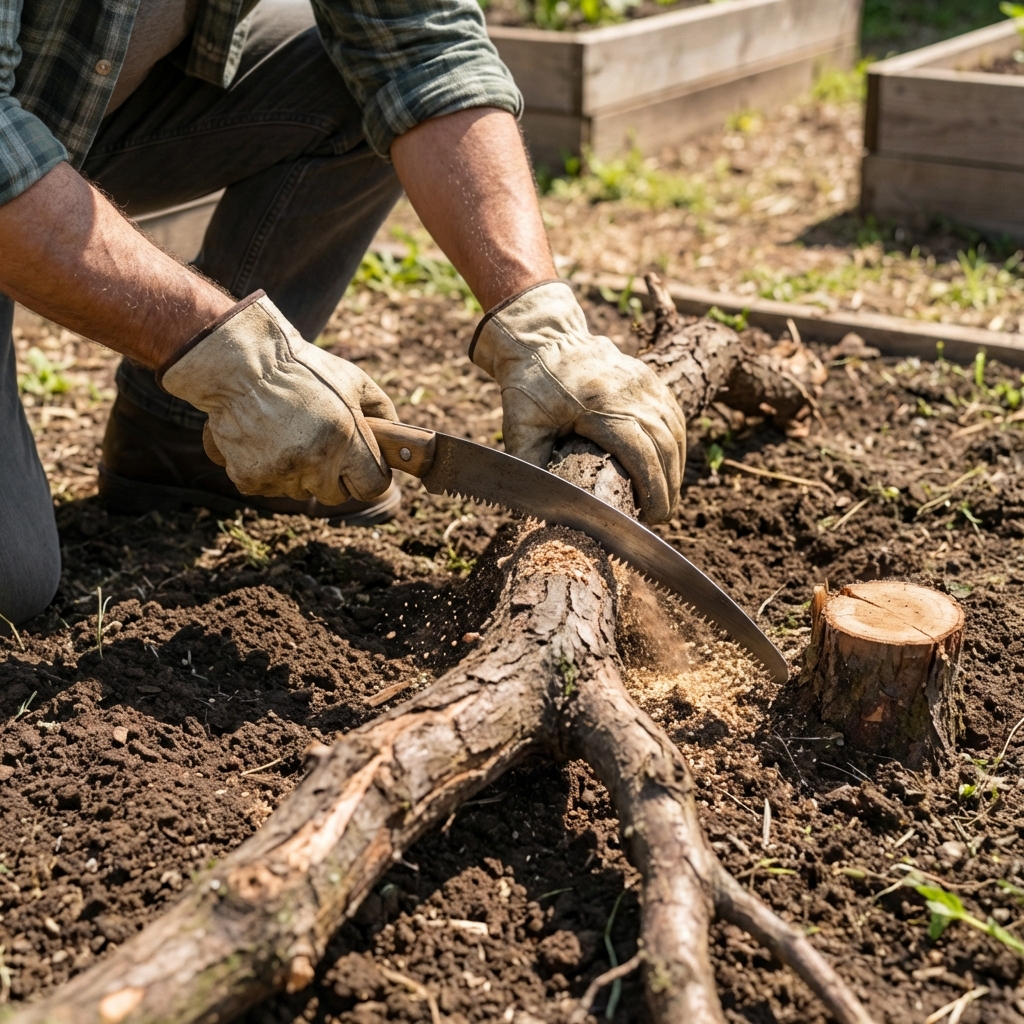 A close-up photo of a pruning saw cutting a thick exposed root beside a small stump in moist soil